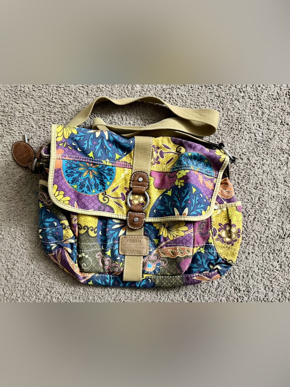 Fossil Multi-Color Floral Canvas Crossbody Bag in Blue, Purple, Yellow